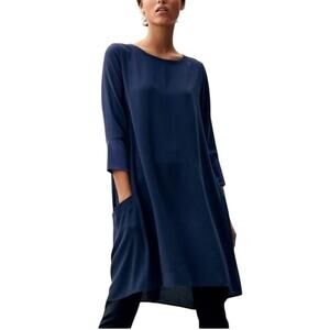 Eileen Fisher 100% Silk Georgette Shift Dress Womens Size XXS Navy Blue Pullover